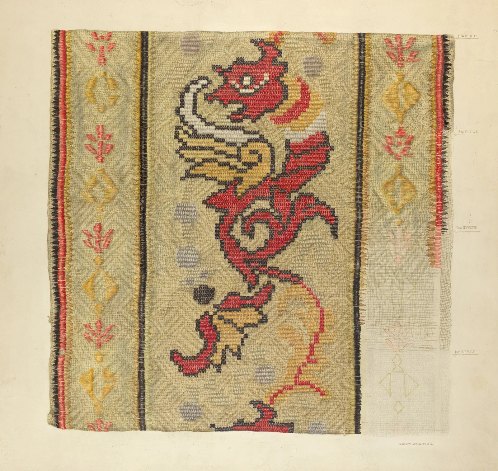 Close view of a woven band with a red bird motif and patterned borders